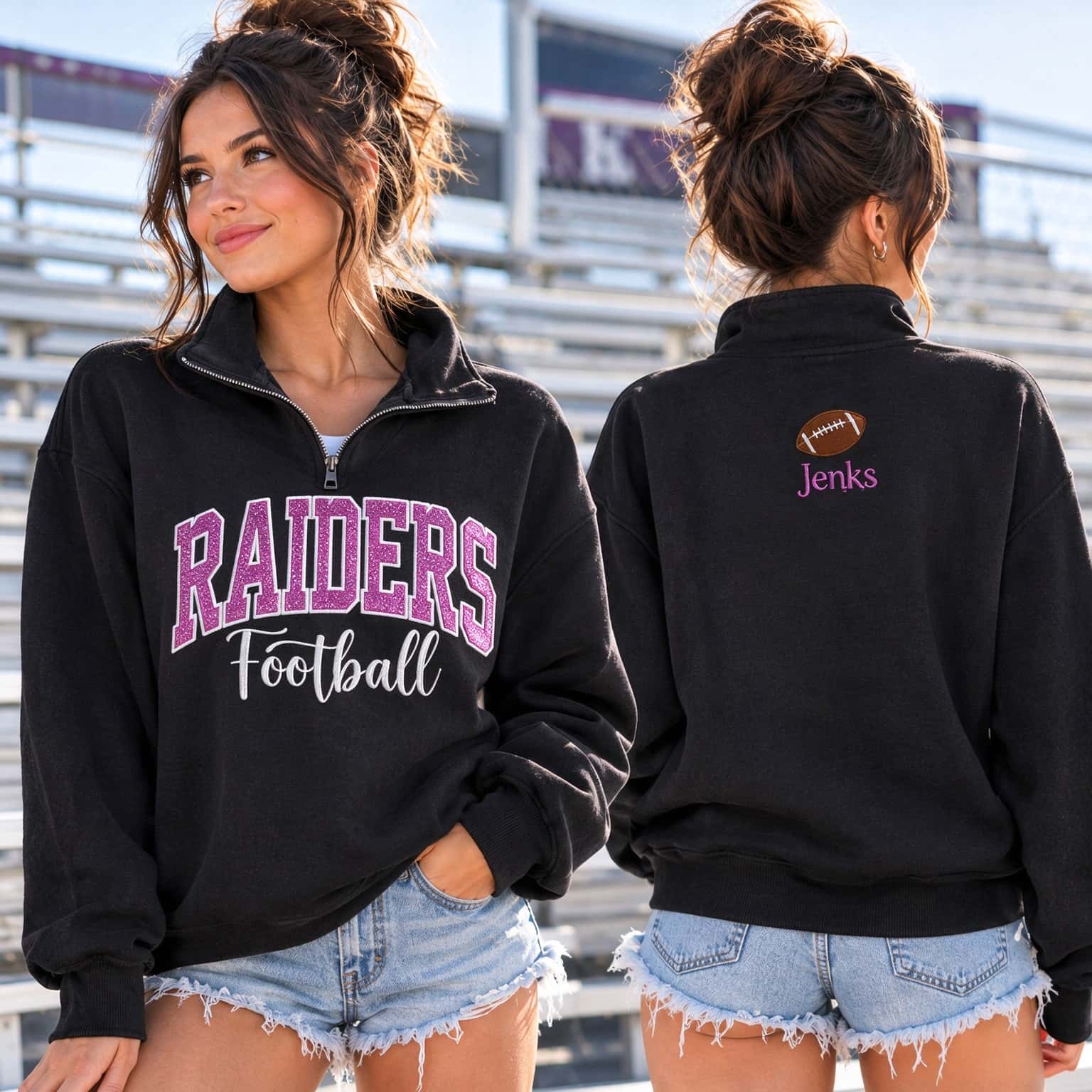 Custom Glitter Football Game Day Quarter Zip | Personalized Front Team Name Back Name Pullover