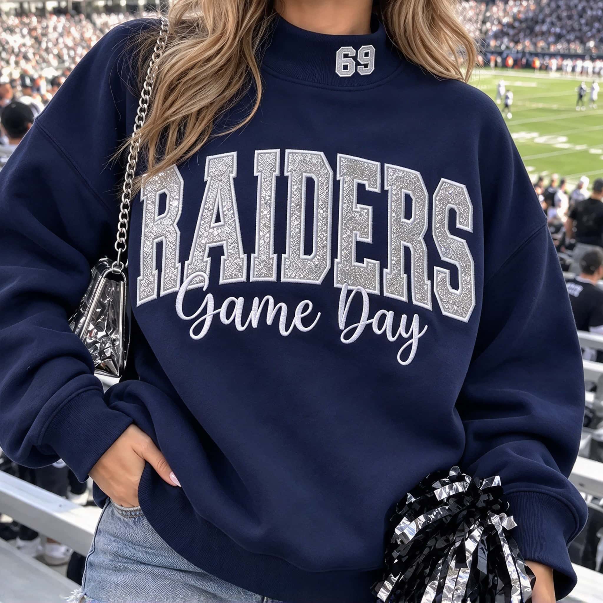 Game Day Glitter Patch Embroidery Mock Neck Sweatshirt, Oversized Football Fan Crewneck Pullover