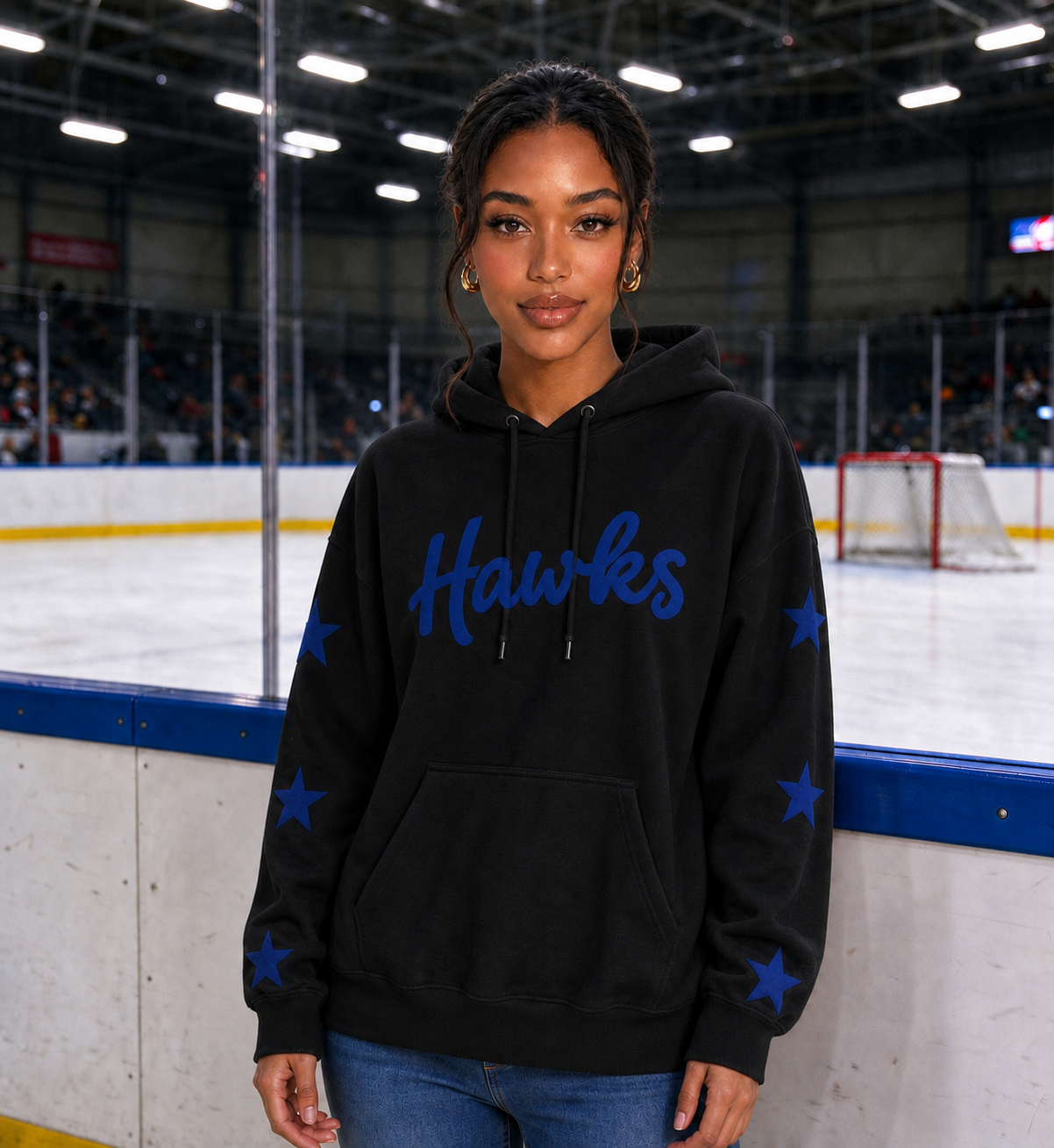 American Hockey Fan Hoodie, Handwritten Puff Print Stars, Long Sleeve Game Day Pullover, Unique Sporty Style