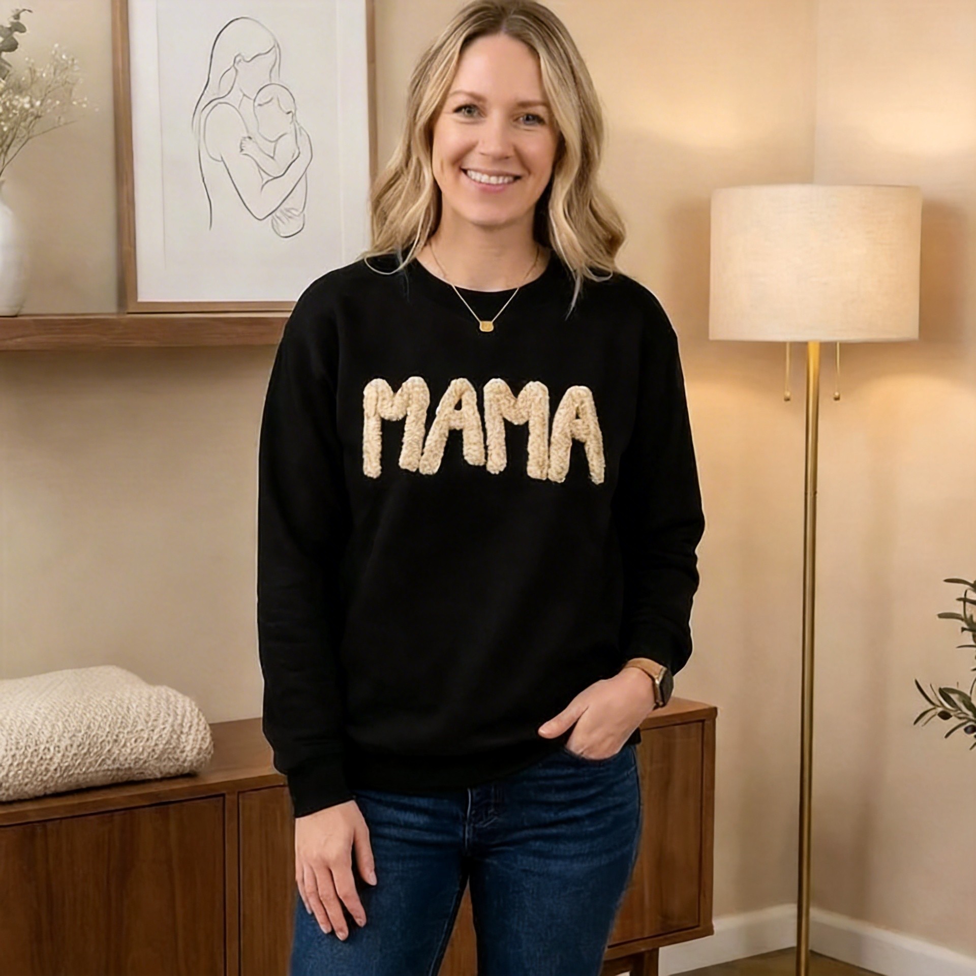 Custom Chenille Yarn Embroidered Mama Sweatshirt with Kids Names on Sleeve Mother’s Day Gift