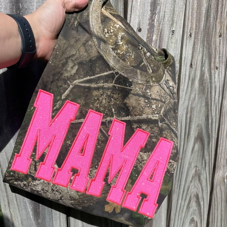 Pamaviva Personalized Camo Glitter Text Mama Shirt Custom Name Hunting Gift for Mom Mothers Day Apparel