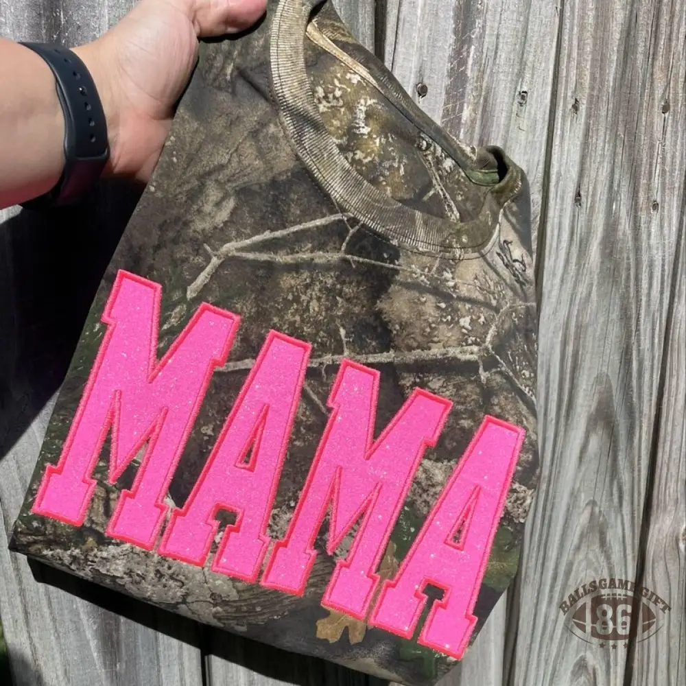 Pamaviva Personalized Camo Glitter Text Mama Shirt Custom Name Hunting Gift for Mom Mothers Day Apparel