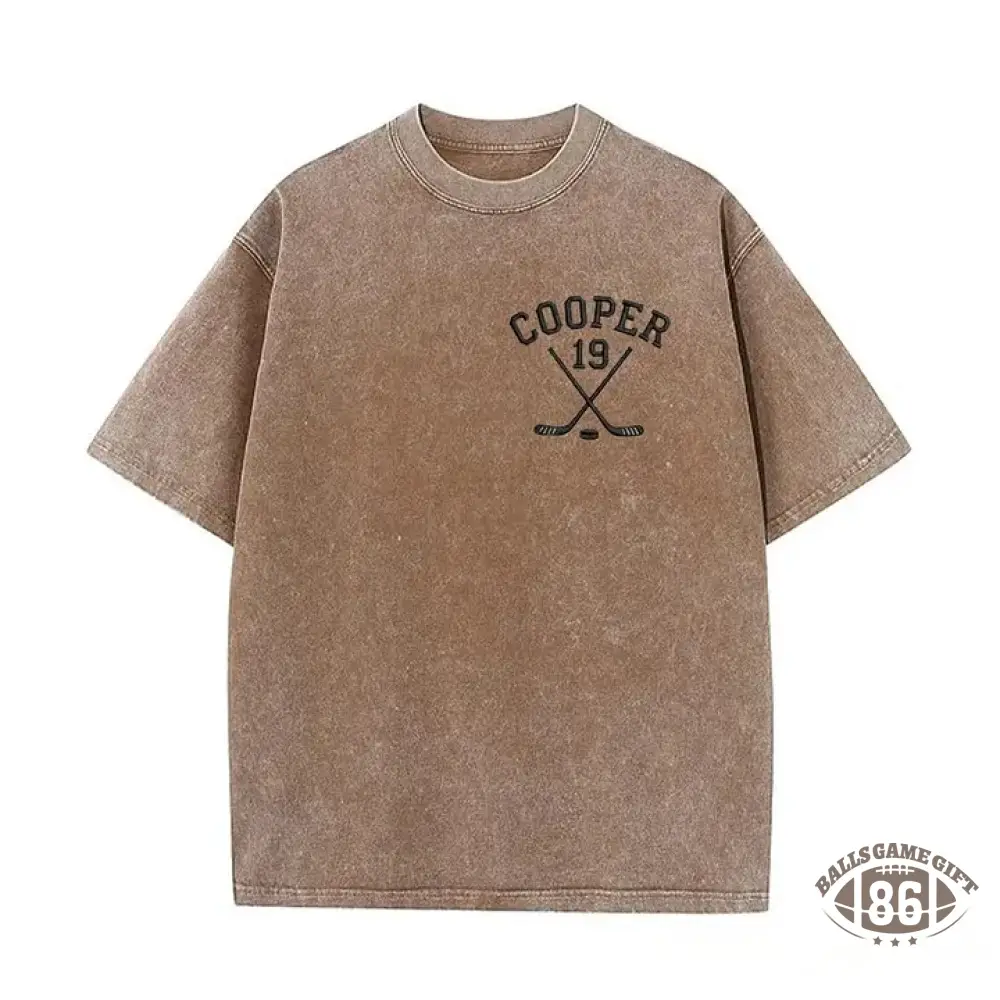 Personalized Custom Embroidered Hockey Washed T-Shirt with Side Crossed Hockey Sticks