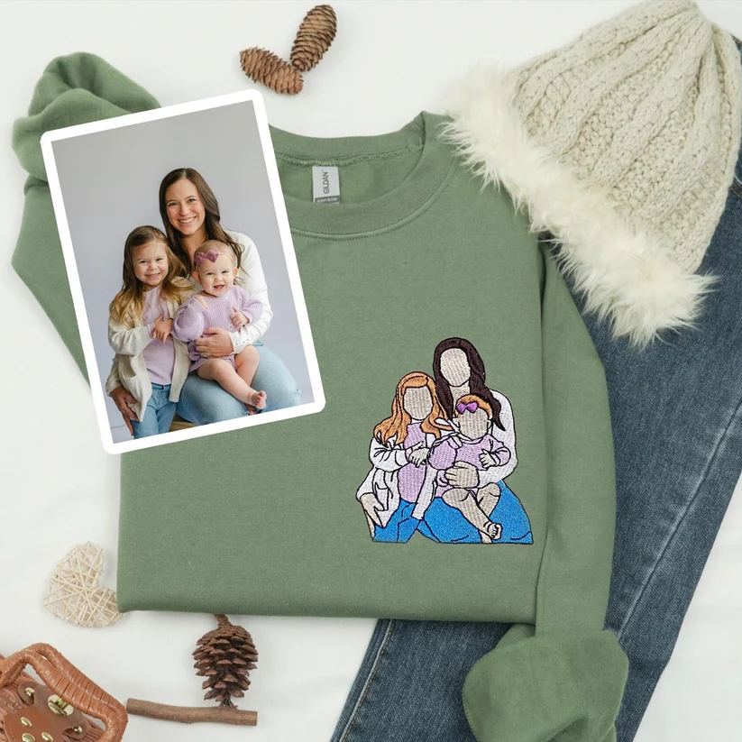 Custom Mama & Mom Portrait Embroidered Sweatshirt, Personalized Family Photo Crewneck, Mother's Day Gift