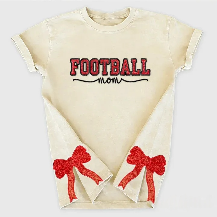 Glitter Embroidered Football Mom Proud Sport Mom Washed T-Shirt