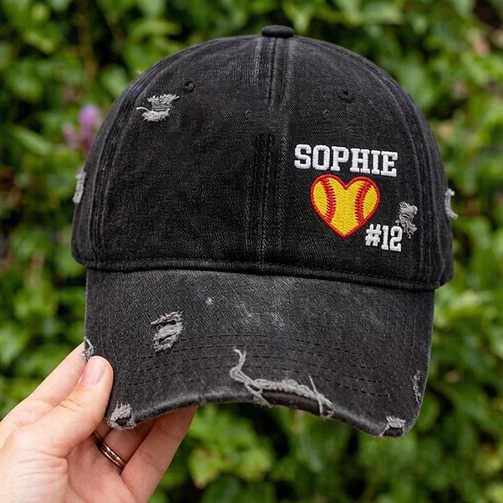 Softball Heart with Name & Number Distressed Baseball Cap Softball Mom Gift