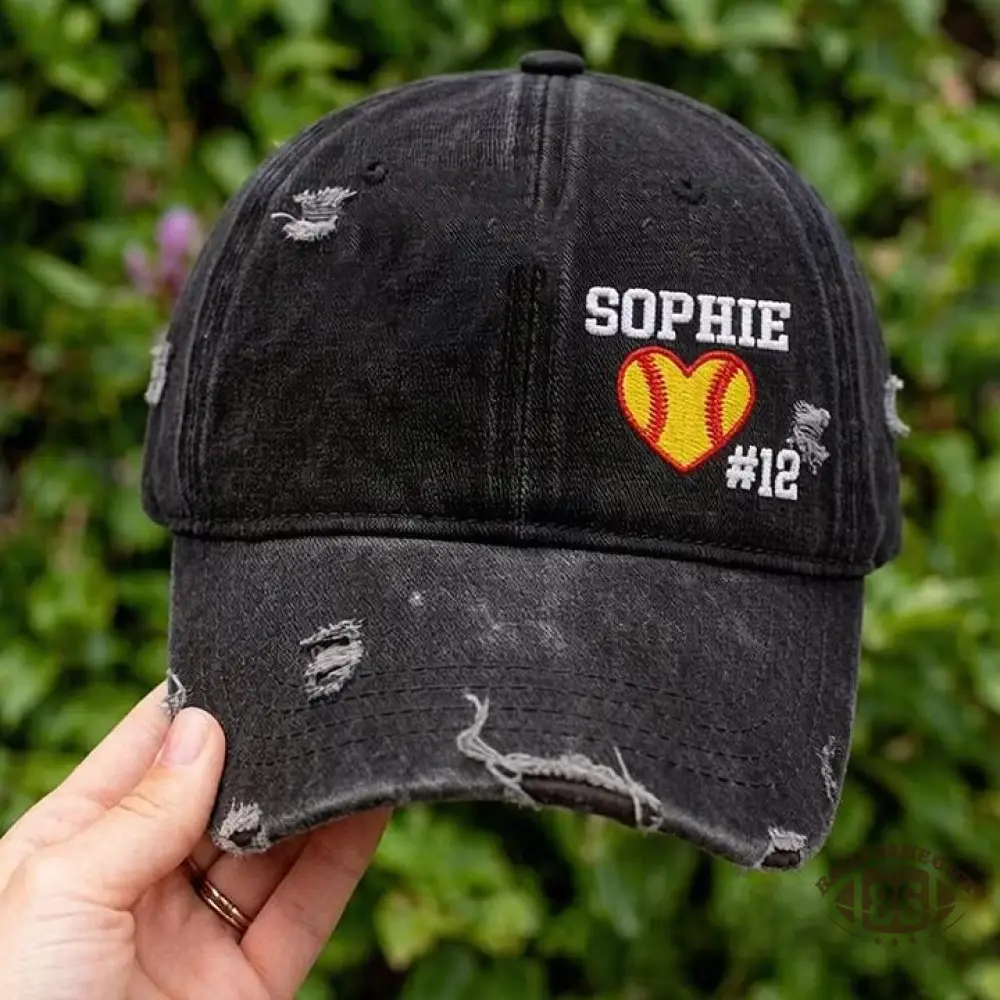 Softball Heart with Name & Number Distressed Baseball Cap Softball Mom Gift