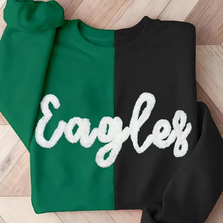 Personalized Chenille Yarn Embroidered Two Tone Sweatshirt School Mascot Split Sweatshirt