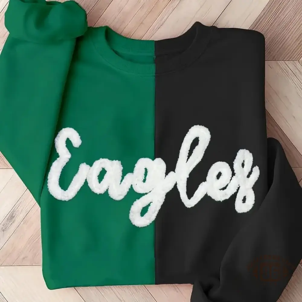Personalized Chenille Yarn Embroidered Two Tone Sweatshirt School Mascot Split Sweatshirt