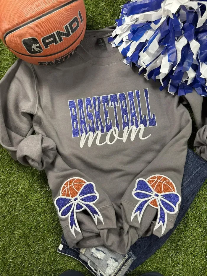 Basketball Bow Sport Mom Glitter Embroidery T-Shirt , Sweatshirt