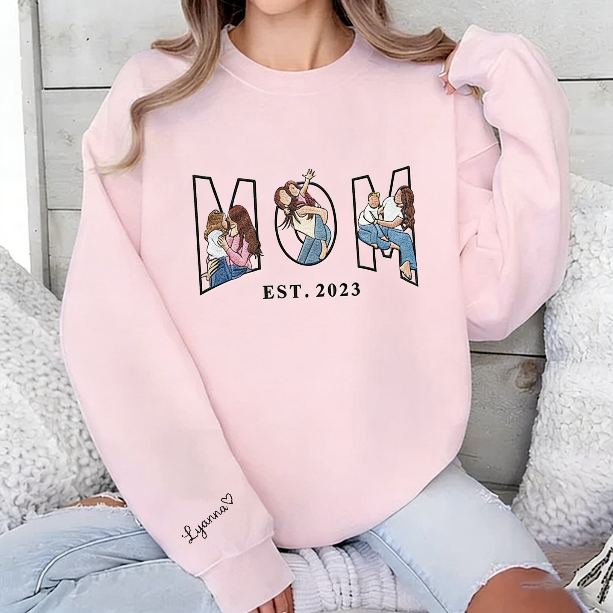 Personalized Mama Sweatshirt with Custom Embroidered Family Portraits - Meaningful Mother's Day Gift for Moms