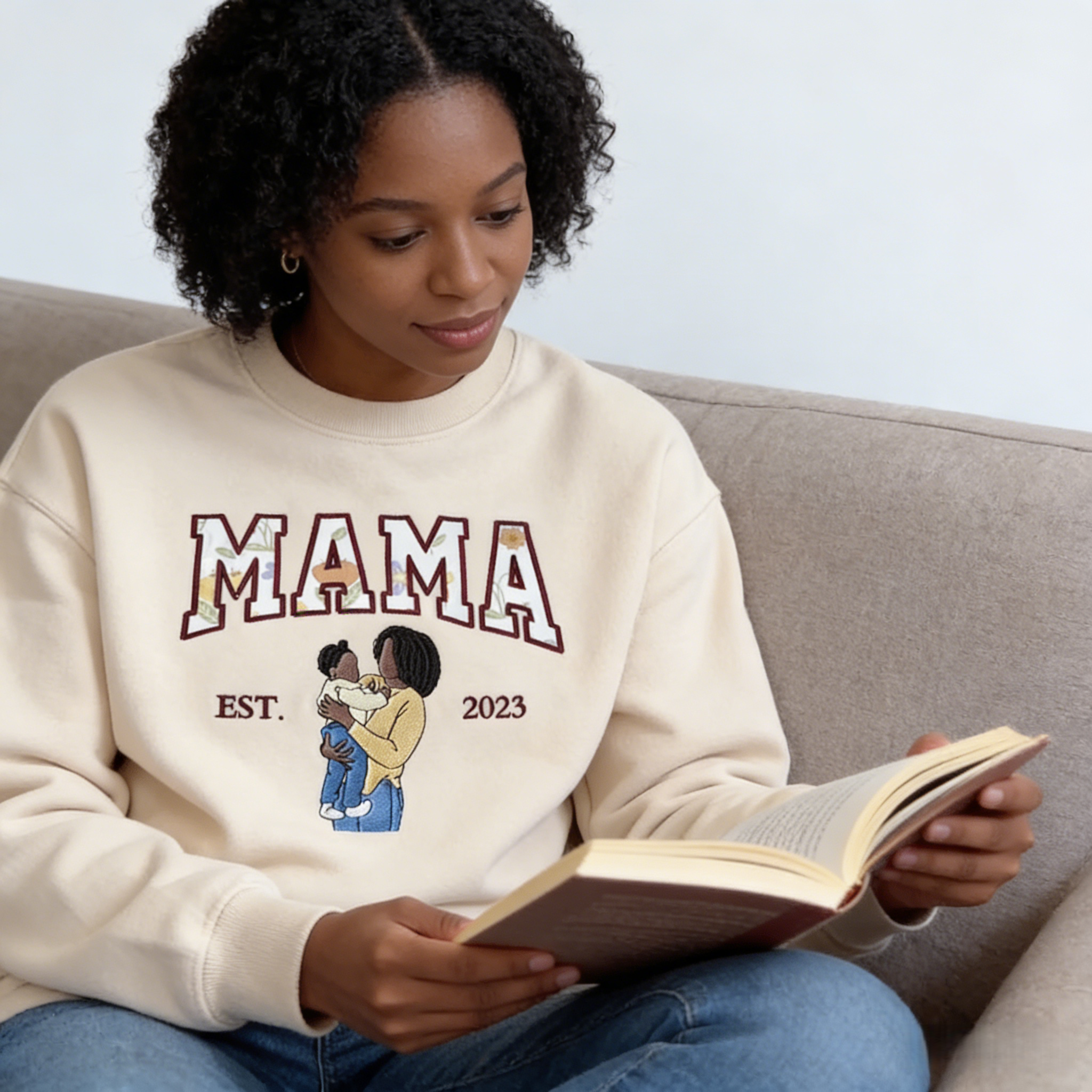 Mama Sweatshirt Floral Embroidered Portrait Custom Sleeve Name Mothers Day Gift for Mom