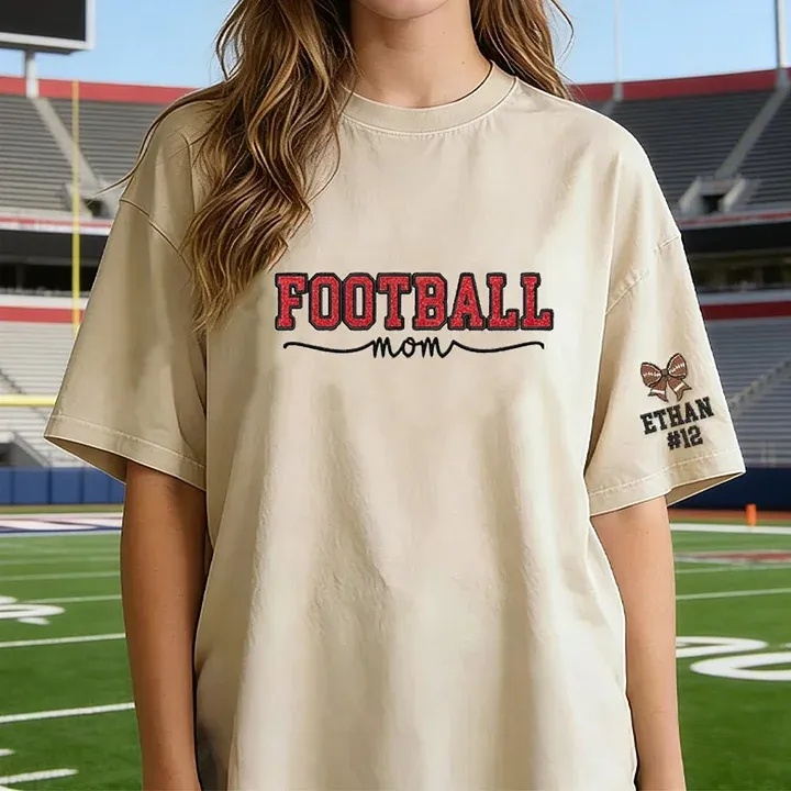 Glitter Embroidered Football Mom Proud Sport Mom Washed T-Shirt