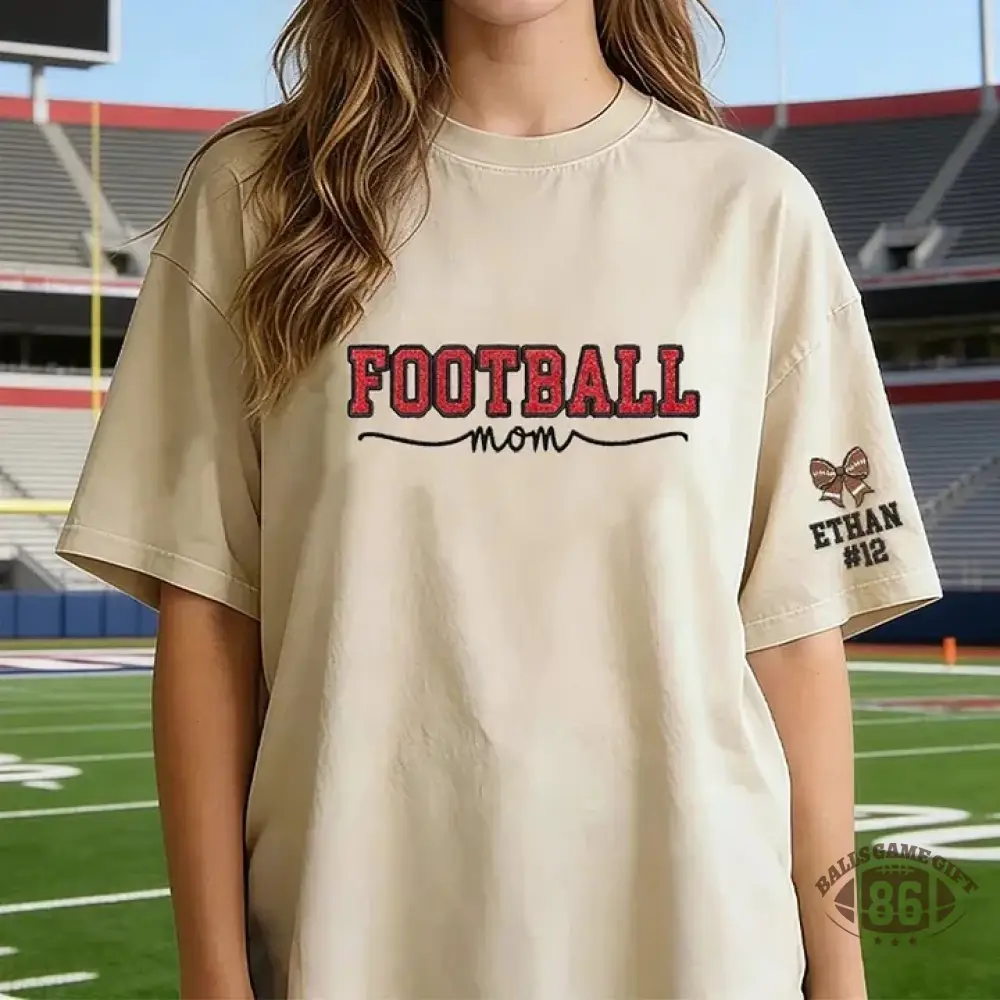 Glitter Embroidered Football Mom Proud Sport Mom Washed T-Shirt