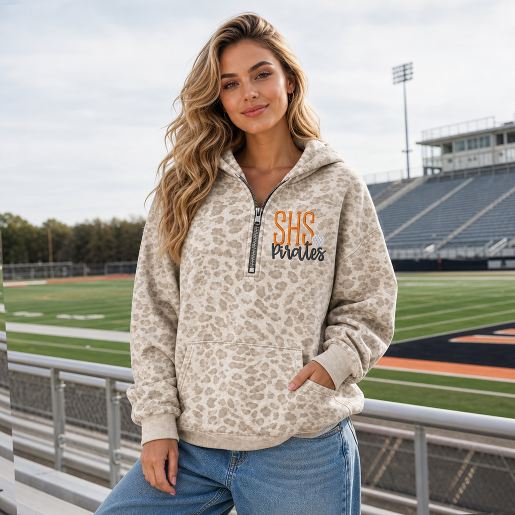 Custom Leopard Print Quarter Zip Hoodie, Personalized Game Day Team Pullover, Oversized Tailgate Outfit