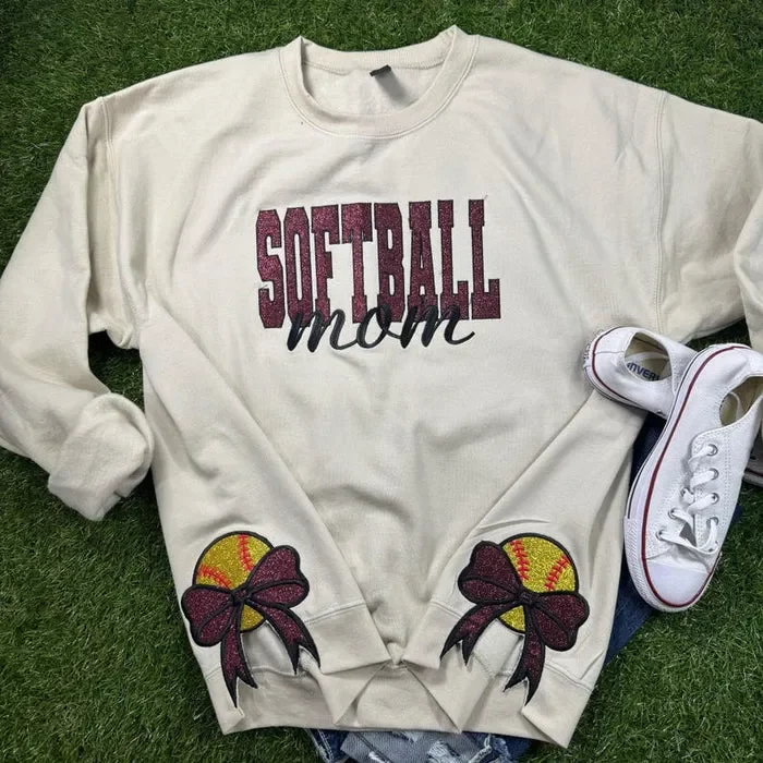 Softball Bow Sport Mom Glitter Embroidery T-Shirt , Sweatshirt