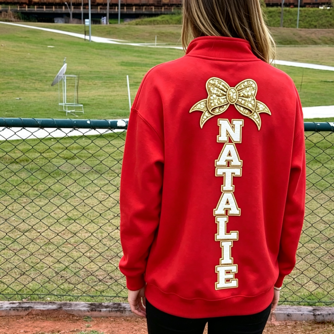 Cheer Mom Quarter Zip Sweatshirt, Custom Name Sequin Bow Gift for Cheer Mom Game Day Outfit