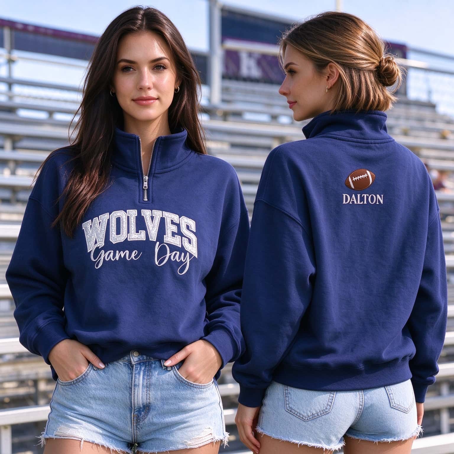 Custom Glitter Football Game Day Quarter Zip | Personalized Front Team Name Back Name Pullover