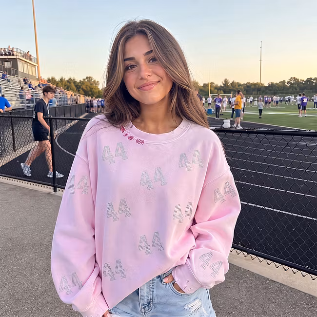 Vintage Distressed Game Day Sweatshirt with Rhinestone Number
