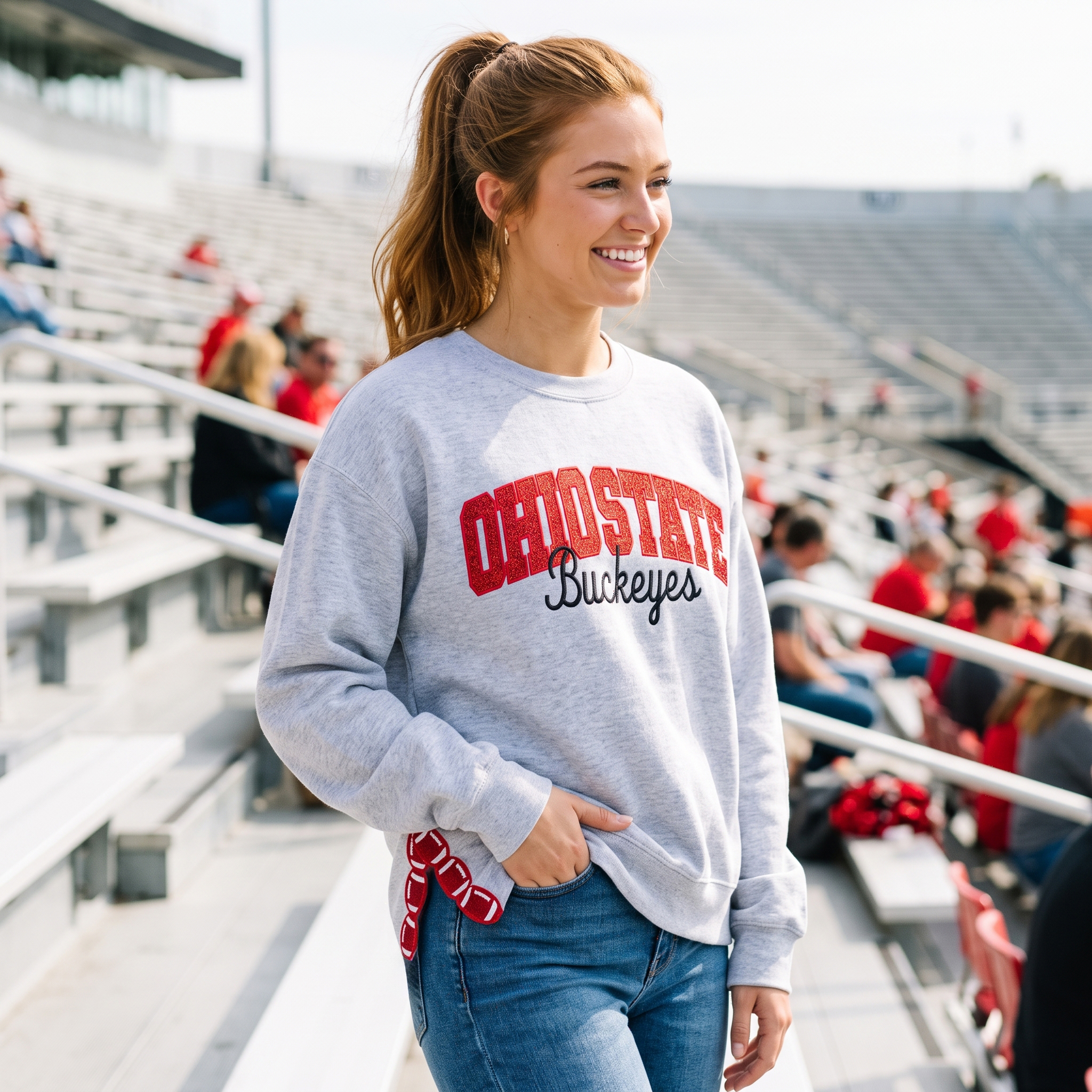 Oversized Ohio State Buckeyes Sweatshirt, Side Slit Tassel Design, Custom Football Game Day Crewneck