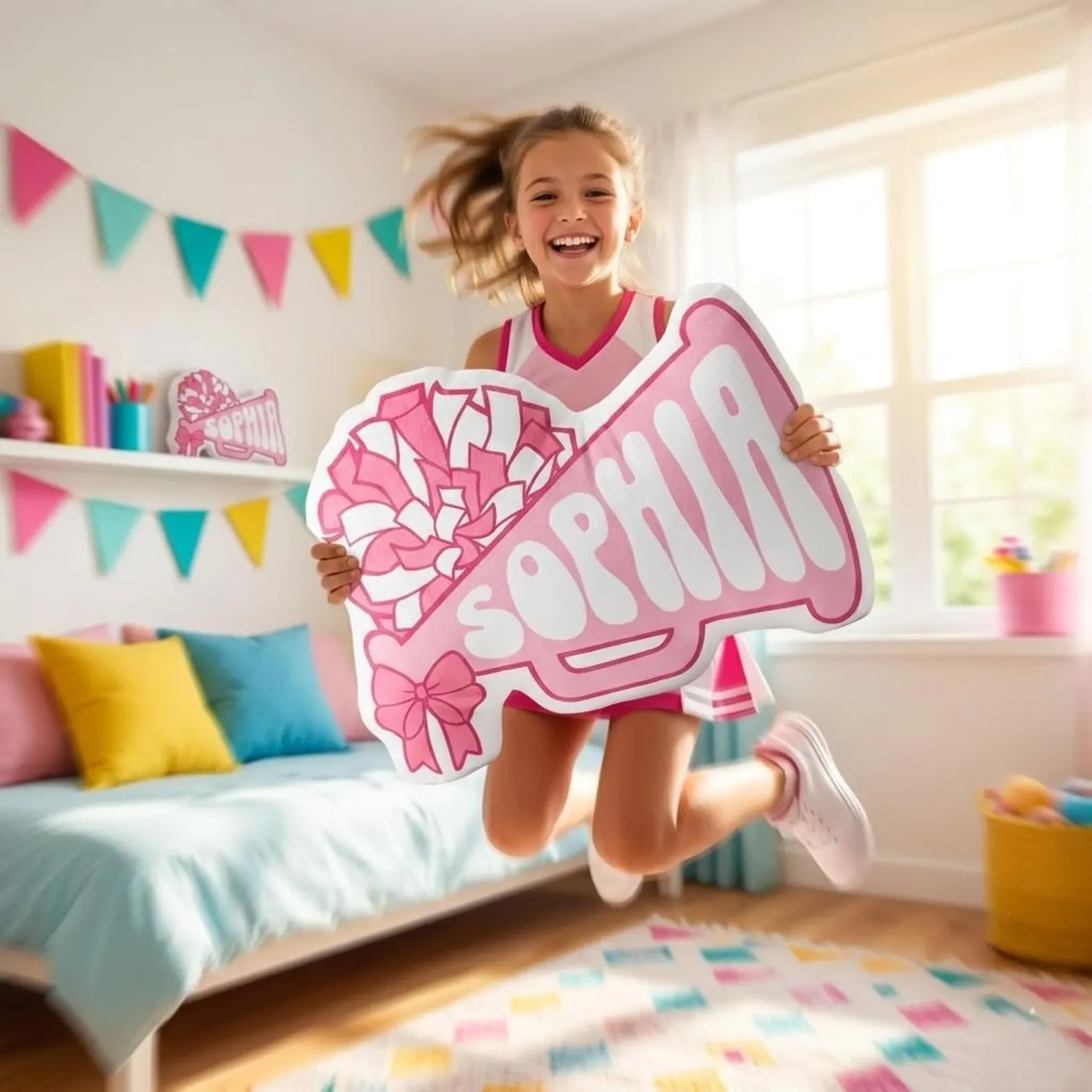 Personalized Cheerleader Megaphone Pillow – Custom Name Cheer Gift