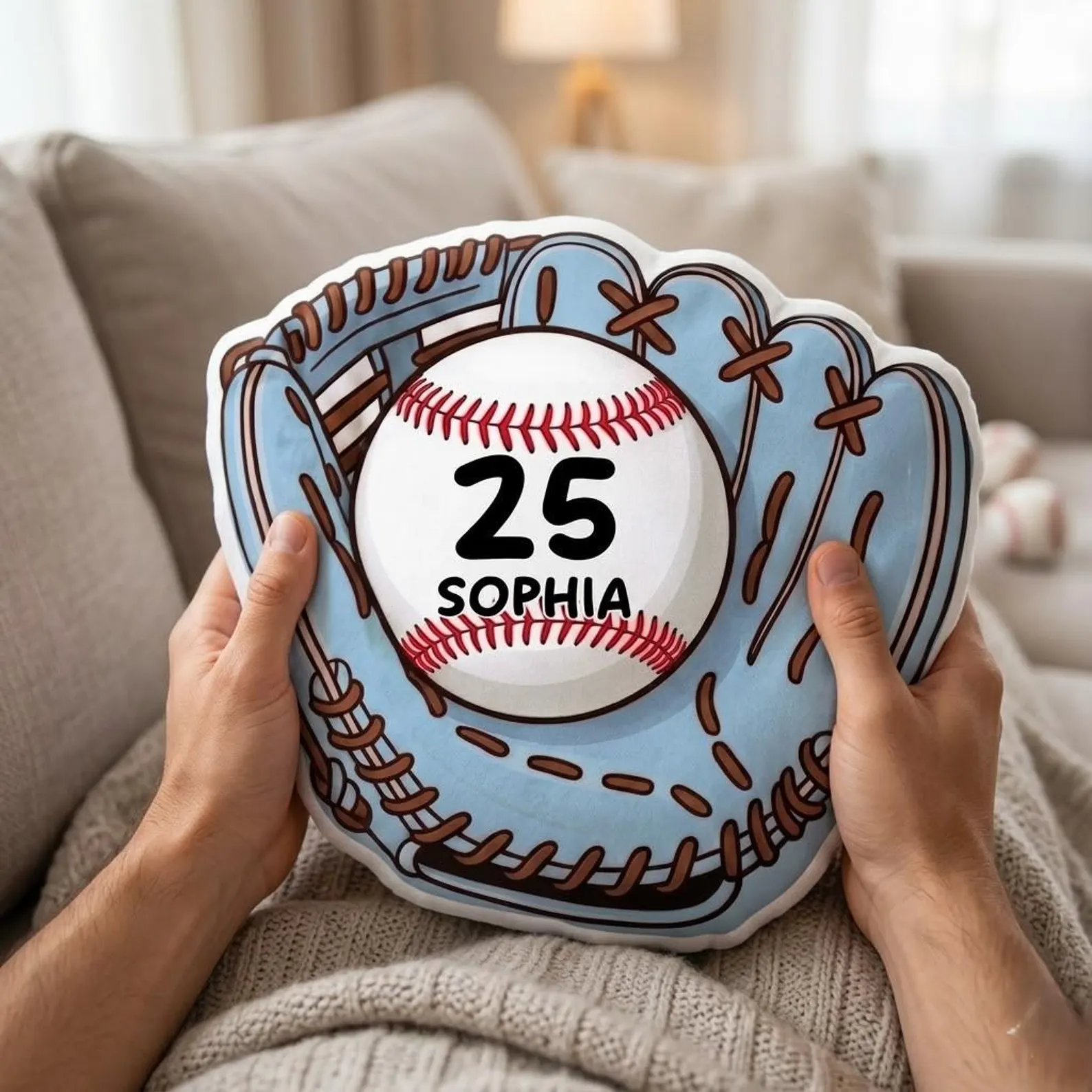 Personalized Baseball Glove Pillow Custom Name Number Softball Gift Kids Sports Cushion Athlete Room Decor