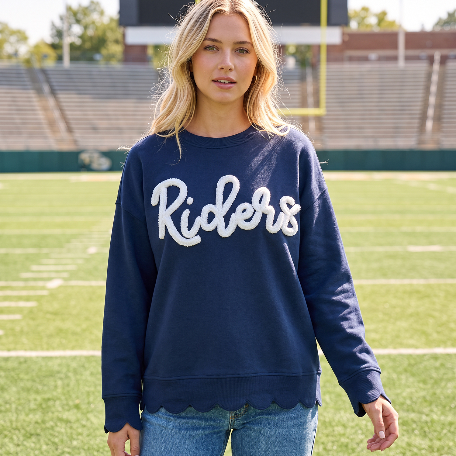 Custom Chenille Team Name Crewneck Sweatshirt with Flared Hem