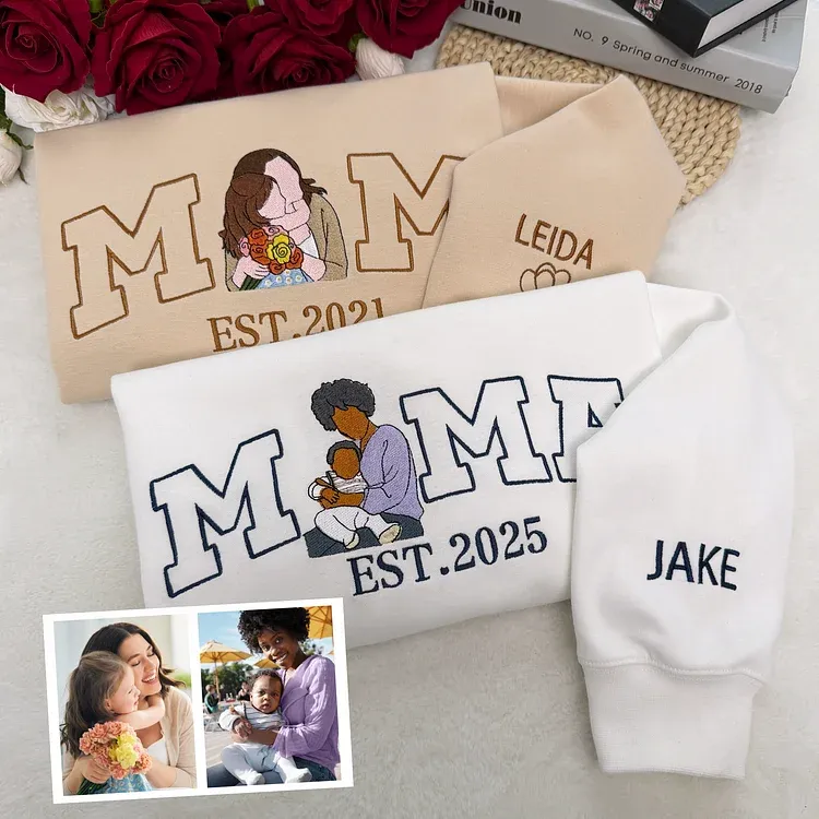 Custom Embroidered Mama Sweatshirt - Personalized Mom & Kids Portrait Photo Crewneck, Mothers Day Gift for Mom