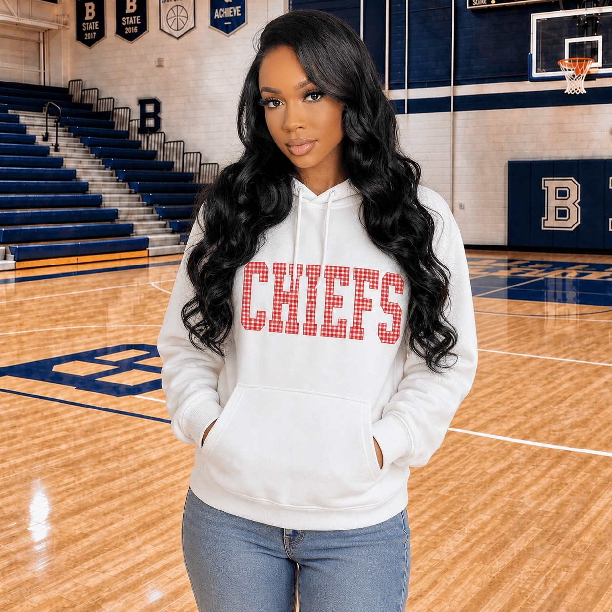 Custom Team Name & City Embroidered Sweatshirt, Plaid Appliqué Game Day Crewneck