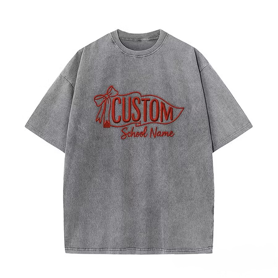 Custom Vintage Embroidered School Spirit Washed T-Shirt with Embroidered Icon on Sleeves