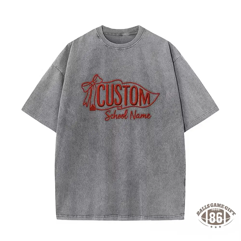 Custom Vintage Embroidered School Spirit Washed T-Shirt with Embroidered Icon on Sleeves