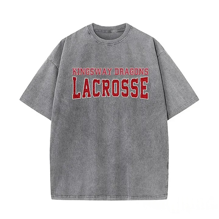 Custom Glitter Embroidered Lacrosse Washed T-shirt with School Name Team Spirit Shirt