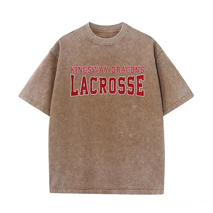 Custom Glitter Embroidered Lacrosse Washed T-shirt with School Name Team Spirit Shirt