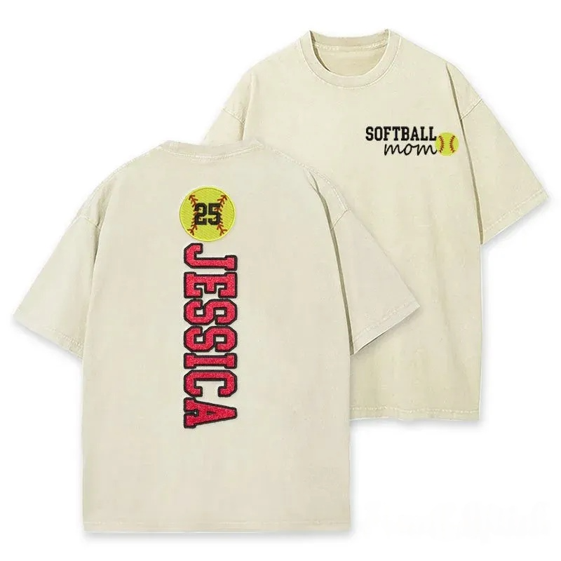 Softball Mom Washed T-Shirt Glitter Embroidery Name or Team Name Shirt