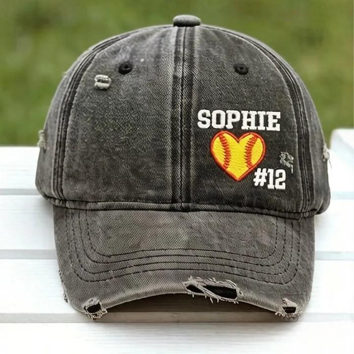 Softball Heart with Name & Number Distressed Baseball Cap Softball Mom Gift