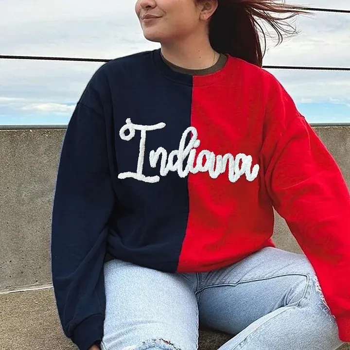 Personalized Chenille Yarn Embroidered Two Tone Sweatshirt School Mascot Split Sweatshirt