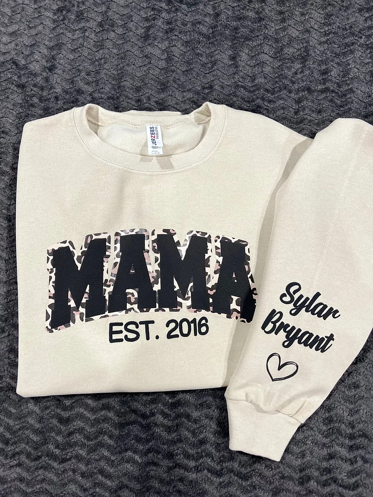 Mama Leopard Puff Print Personalized Sweatshirt or Hoodie with Kids Name Sleeve Gift for Mom