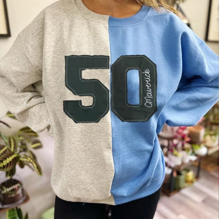  Personalized Sports Number Embroidered Two Tone Crewneck Team or Player Name Gift