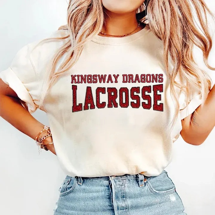 Custom Glitter Embroidered Lacrosse Washed T-shirt with School Name Team Spirit Shirt