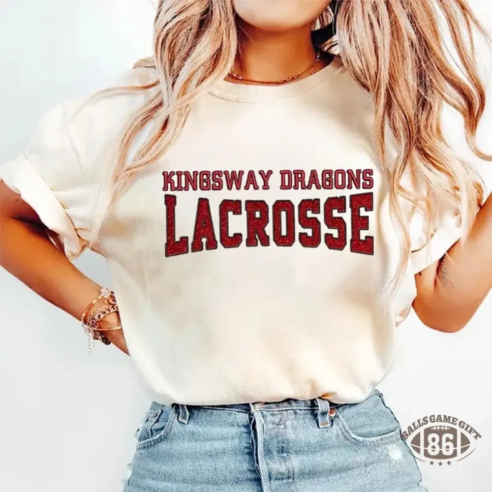 Custom Glitter Embroidered Lacrosse Washed T-shirt with School Name Team Spirit Shirt