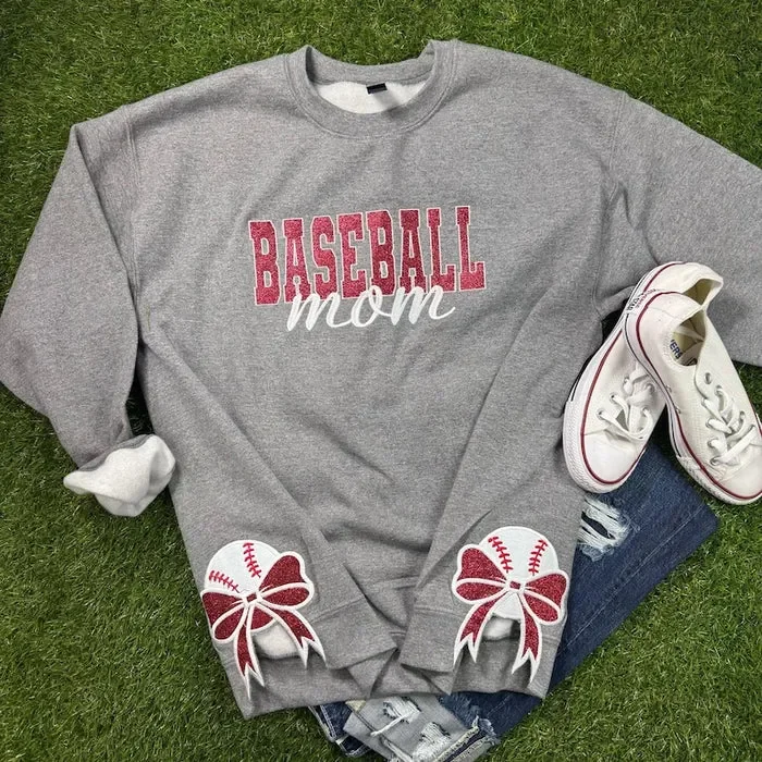 Baseball Bow Sport Mom Glitter Embroidery T-Shirt , Sweatshirt