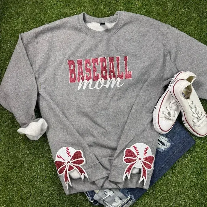 Baseball Bow Sport Mom Glitter Embroidery T-Shirt , Sweatshirt