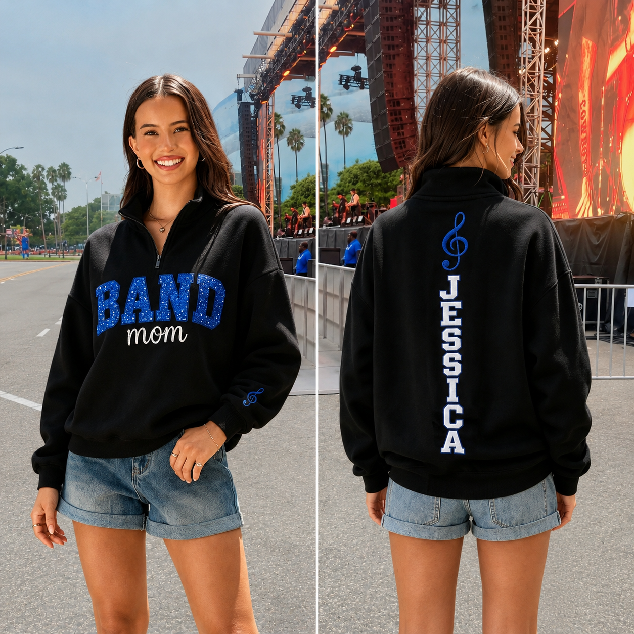 Custom Cheer Mom Game Day Sweatshirt with Custom Name Bow & Sleeve Treble Clef Embroidery