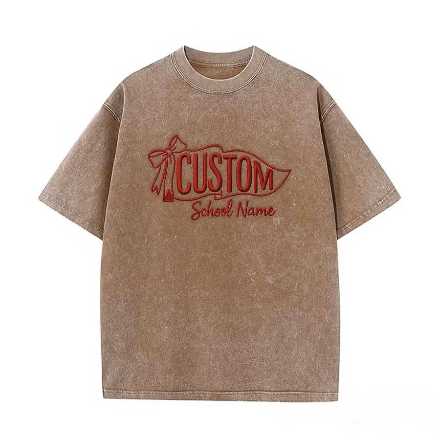 Custom Vintage Embroidered School Spirit Washed T-Shirt with Embroidered Icon on Sleeves