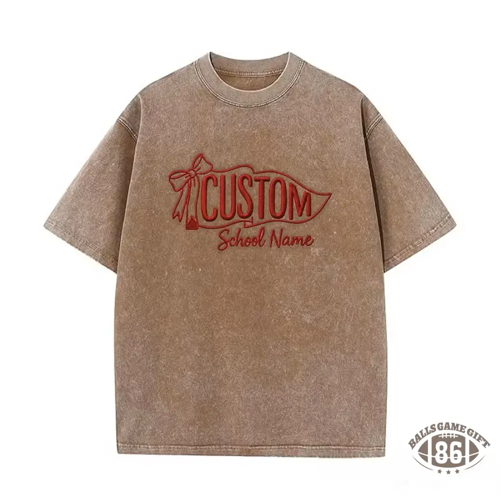 Custom Vintage Embroidered School Spirit Washed T-Shirt with Embroidered Icon on Sleeves
