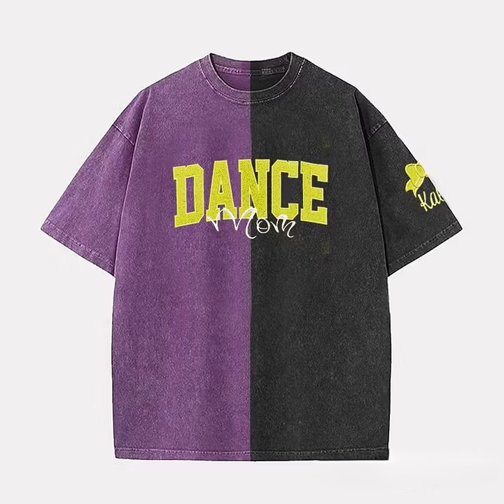  Custom Glitter Dance Embroidered Mom Two Tone Washed T-Shirt with Glitter Bow on Sleeve