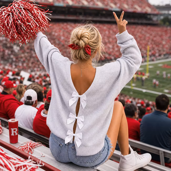 Custom Team Name Varsity Knit Top, Game Day Sweater with Back Split & Bow Detail