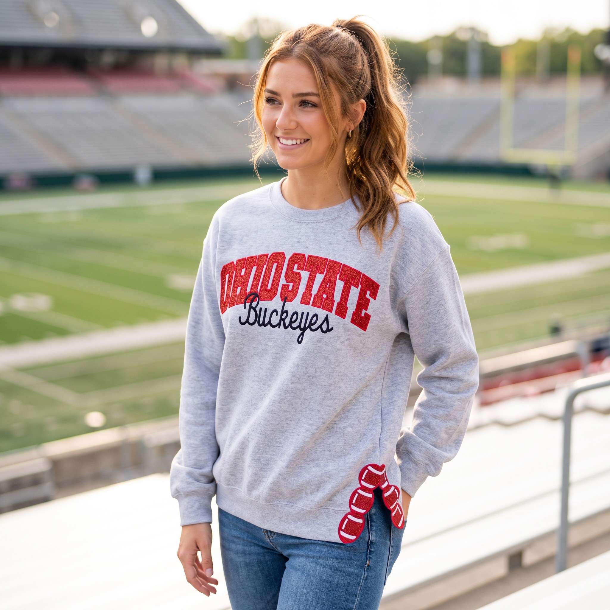 Oversized Ohio State Buckeyes Sweatshirt, Side Slit Tassel Design, Custom Football Game Day Crewneck