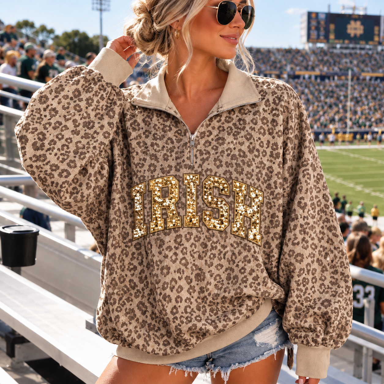 Custom Vintage Leopard Half Zip Sequin Team Women Oversized Sweatshirt 