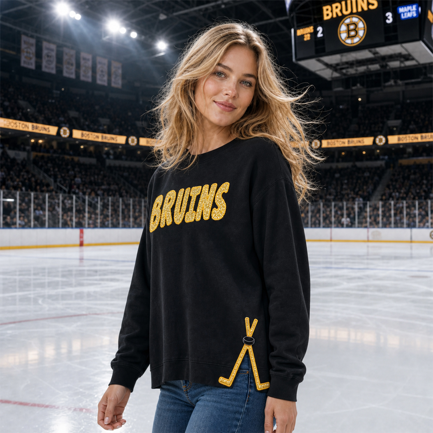 Hockey Fan Crewneck Sweatshirt &  T-shirt, Sequin Varsity Team Name, Glitter Hockey Stick Detail on Side Hem